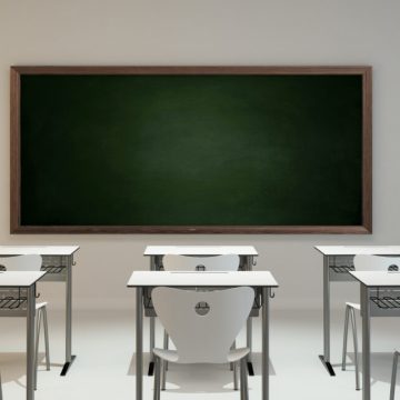 empty modern classroom concept with white wooden desk, chair and green board background 3D rendering