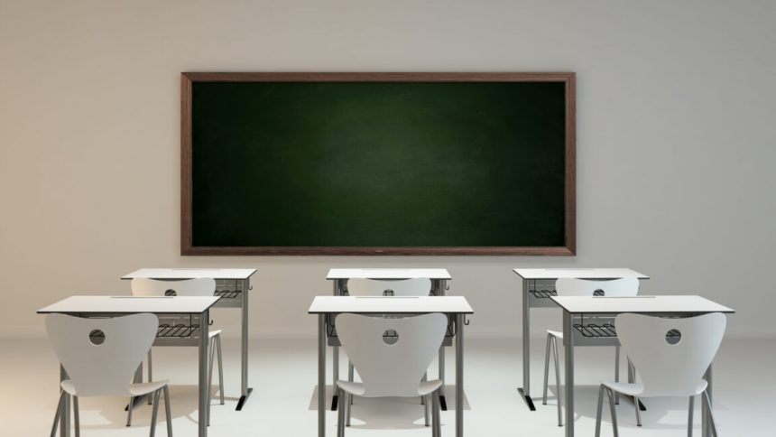 empty modern classroom concept with white wooden desk, chair and green board background 3D rendering