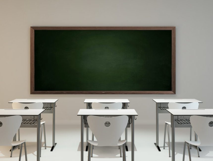 empty modern classroom concept with white wooden desk, chair and green board background 3D rendering