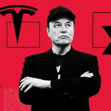 Elon Musk against a backdrop of company logos