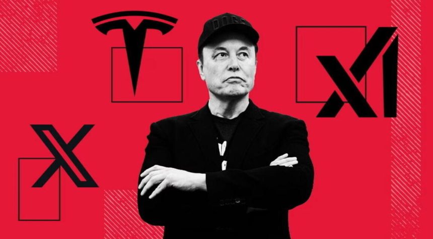 Elon Musk against a backdrop of company logos