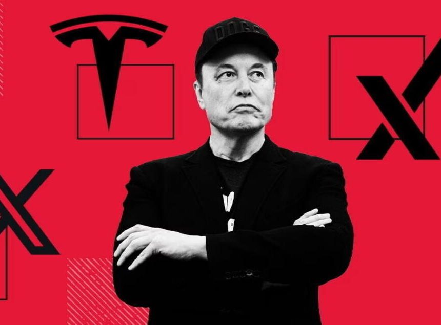 Elon Musk against a backdrop of company logos