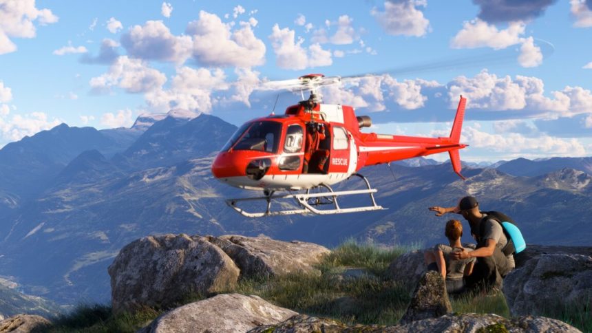 Father figure pointing out an approaching helicopter to his child on a mountain ridge.