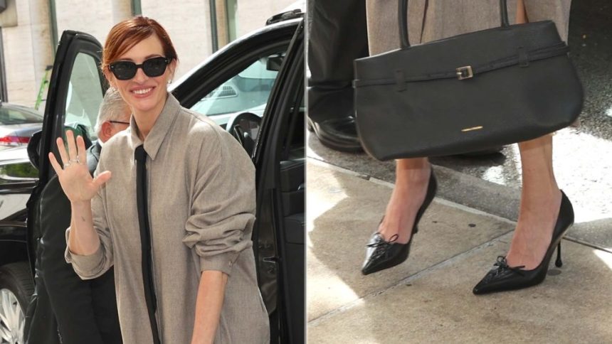 Julia Roberts wearing Jimmy Choo's Scarlett 95 black nappa leather pumps in New York on Friday.