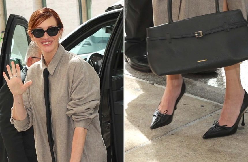 Julia Roberts wearing Jimmy Choo's Scarlett 95 black nappa leather pumps in New York on Friday.
