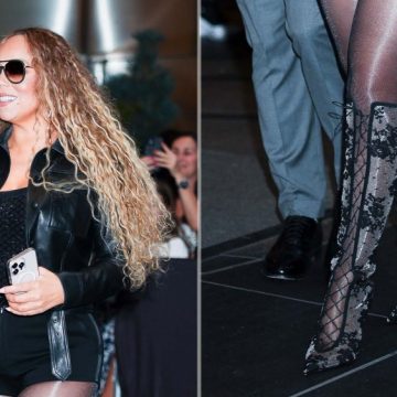 Mariah Carey seen in Louboutin KM Lace Botta Stiletto Boots in Midtown on Saturday, September 27, 2025 in New York City.