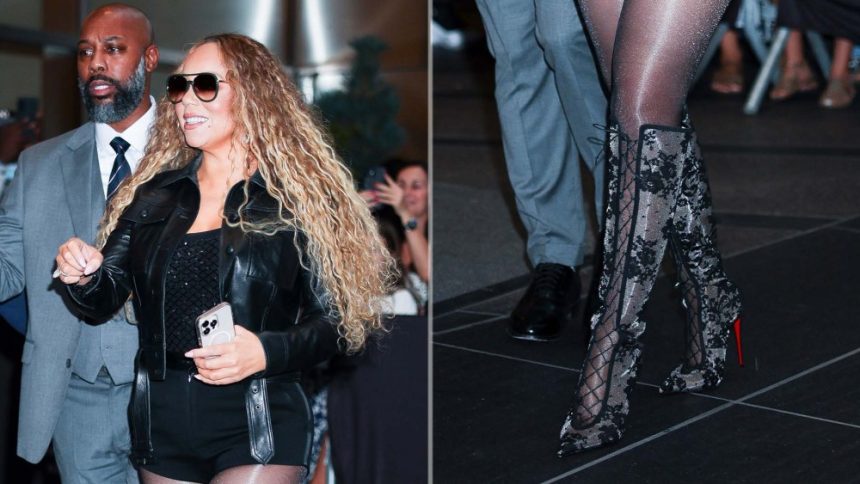 Mariah Carey seen in Louboutin KM Lace Botta Stiletto Boots in Midtown on Saturday, September 27, 2025 in New York City.