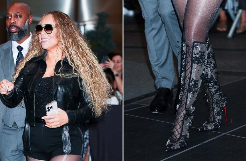 Mariah Carey seen in Louboutin KM Lace Botta Stiletto Boots in Midtown on Saturday, September 27, 2025 in New York City.