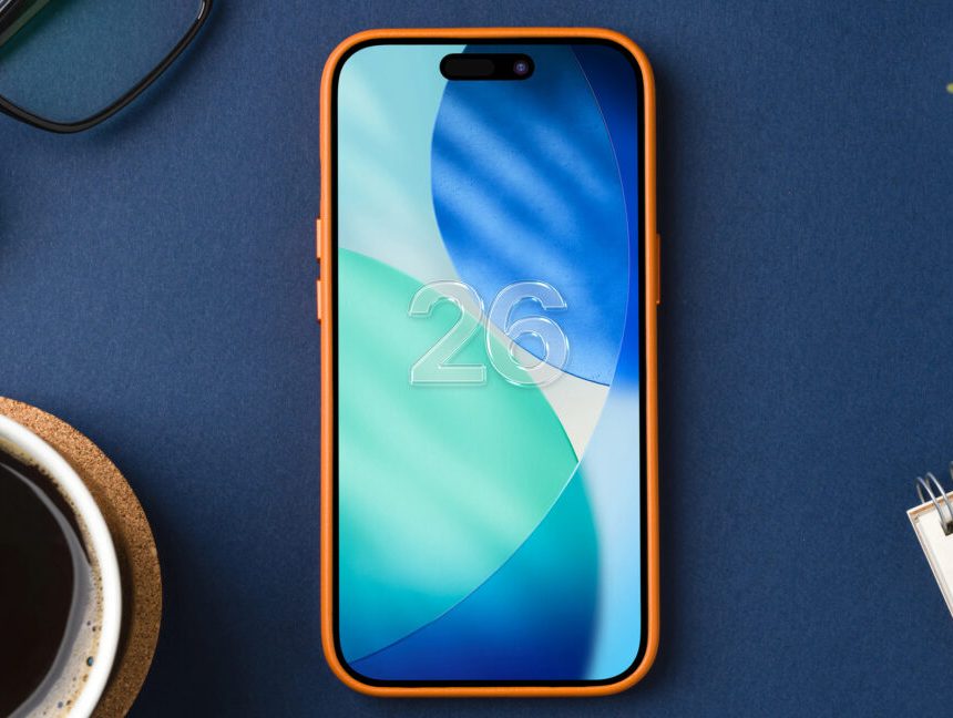 iPhone 16 Pro screen with new iOS 26 logo