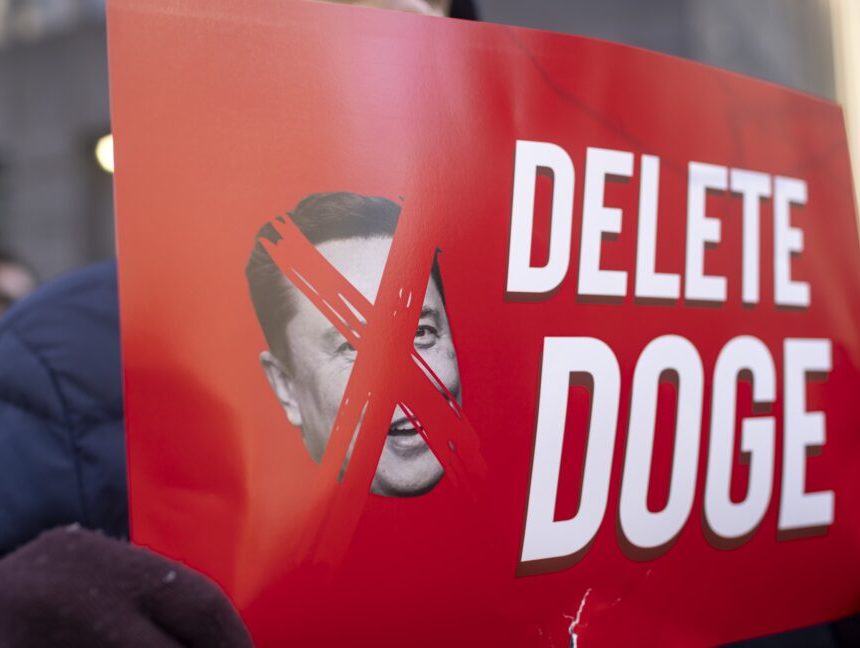 A protestor holds a sign that has a picture of Elon Musk with an X over his face, and text that says "Delete DOGE"