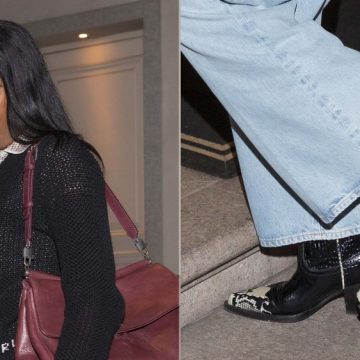 Simone Ashley wears Paris Texas croc-embossed Ricky Boots during Milan Fashion Week on Saturday.