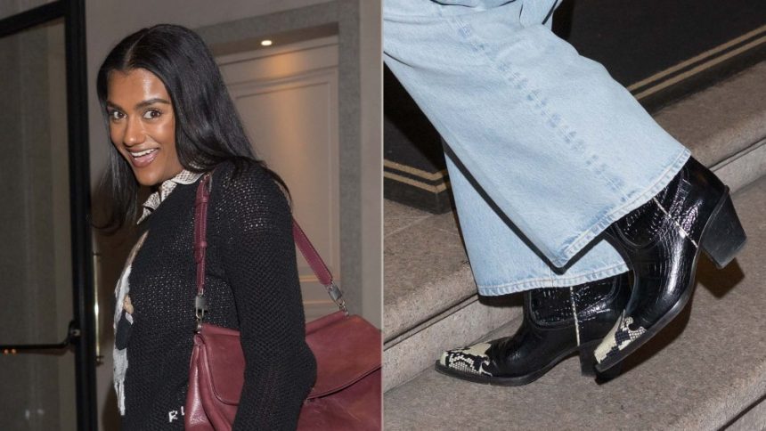 Simone Ashley wears Paris Texas croc-embossed Ricky Boots during Milan Fashion Week on Saturday.