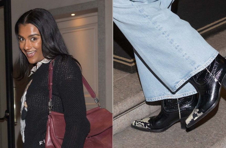 Simone Ashley wears Paris Texas croc-embossed Ricky Boots during Milan Fashion Week on Saturday.