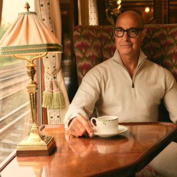 Stanley Tucci in the campaign for N. Peal’s new Art of Travelling collection.