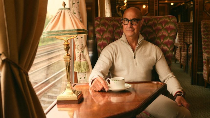 Stanley Tucci in the campaign for N. Peal’s new Art of Travelling collection.