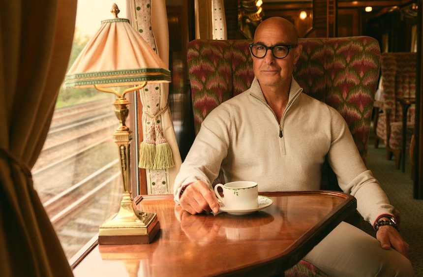Stanley Tucci in the campaign for N. Peal’s new Art of Travelling collection.
