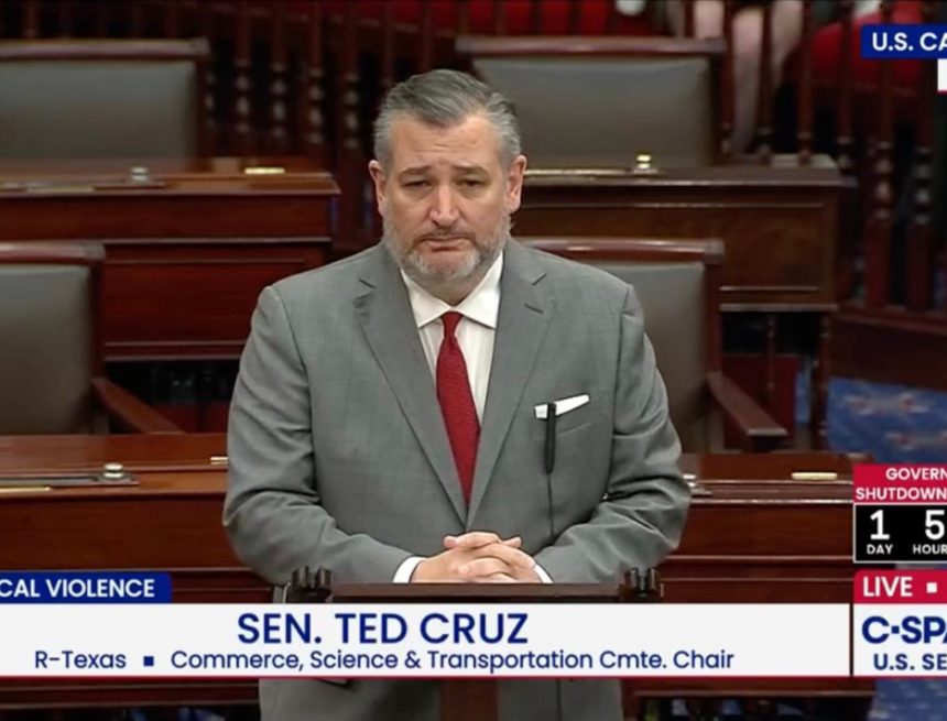 a photo of Ted Cruz, speaking to the Senate on Sept. 29, as seen on C-Span