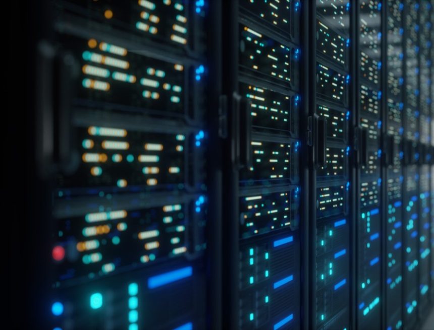 Modern data center with servers with lights on them.