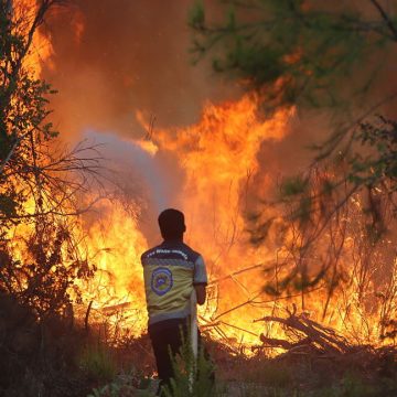 Image of a lone person with a hose, standing before a wall of flame.