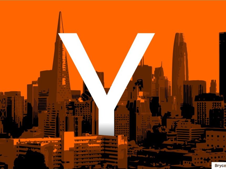 Large white "Y" overlaid on an orange-tinted skyline of San Francisco