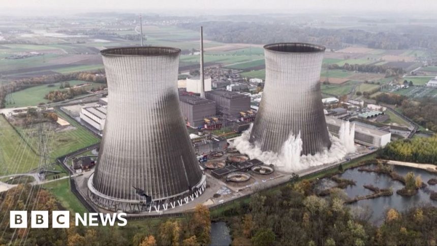 Moment nuclear plant towers collapse during demolition Moment nuclear plant towers collapse during demolition