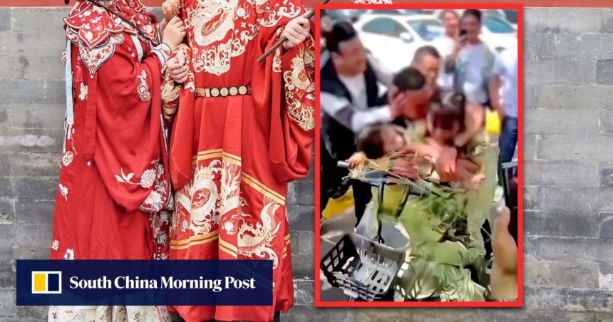 Public outrage as China bridesmaids taped to bike, forced to kiss strangers as wedding prank