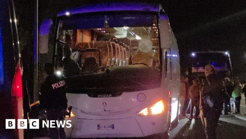Driver dies after Italian basketball fans’ bus attacked with stones