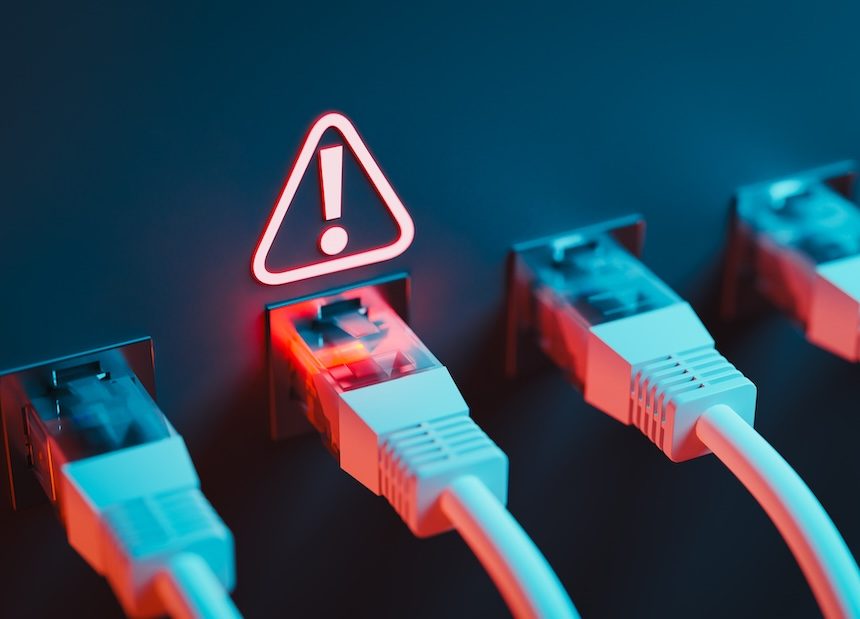 Ethernet cables accompanies by an exclamation points inside a triangle.