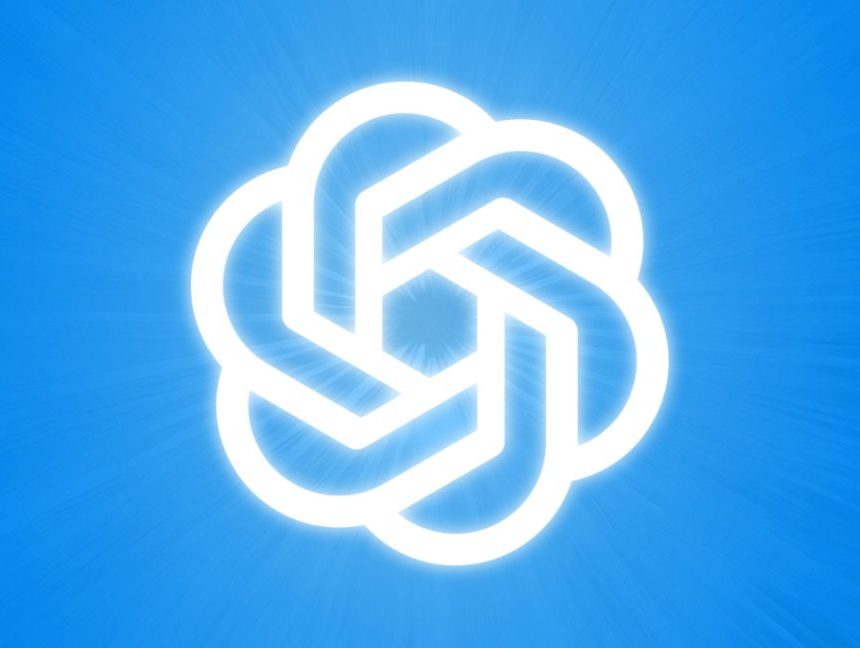 A glowing OpenAI logo on a light blue background.