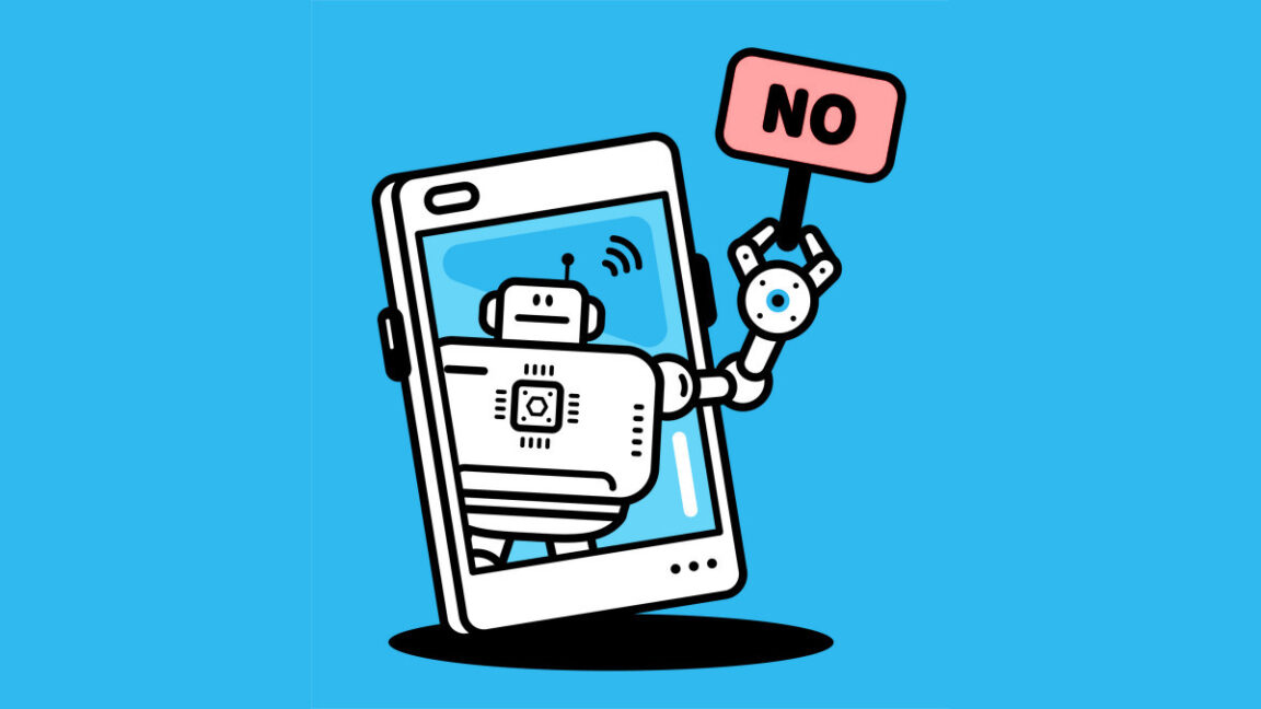 Illustration: An AI chatbot assistant holds a No Sign on a smartphone screen