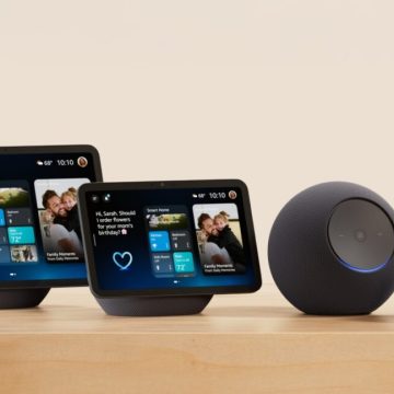 Left to right: The Echo Show 11, Echo Show 8, Echo Studio, and Echo Dot Max.