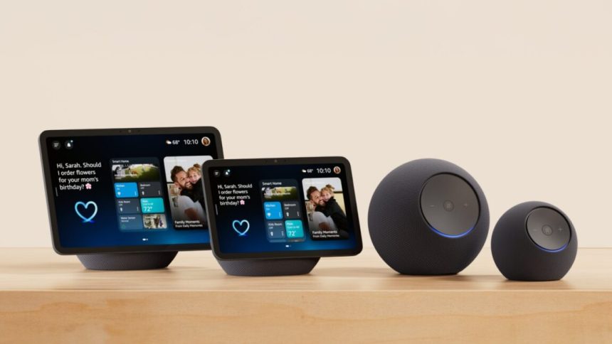Left to right: The Echo Show 11, Echo Show 8, Echo Studio, and Echo Dot Max.