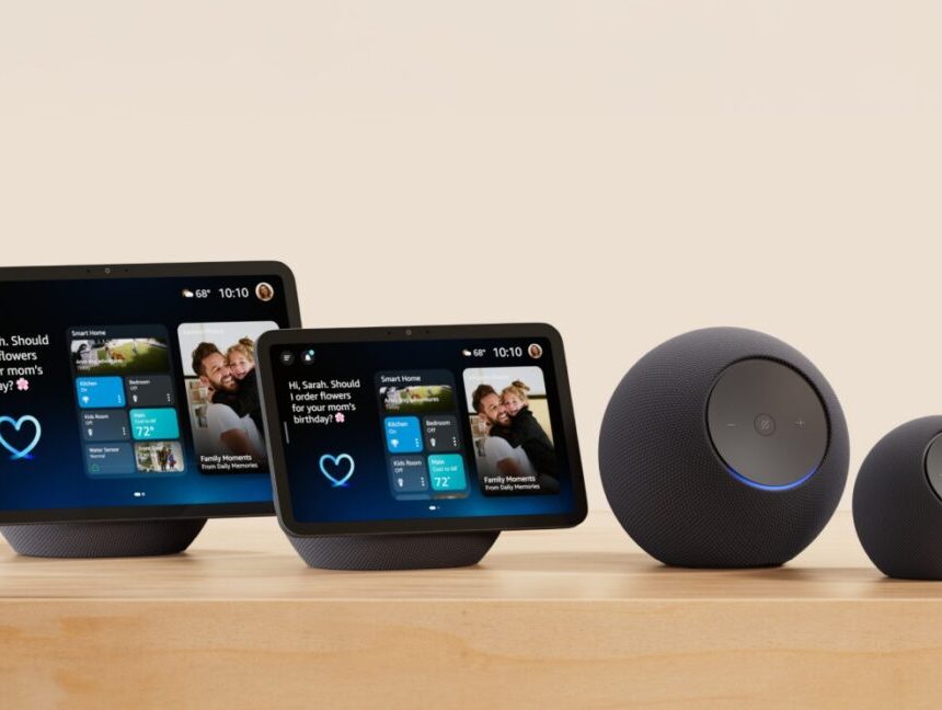 Left to right: The Echo Show 11, Echo Show 8, Echo Studio, and Echo Dot Max.
