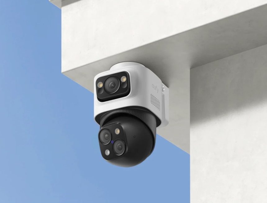 A promotional photo of a Eufy security camera and its accompanying app.