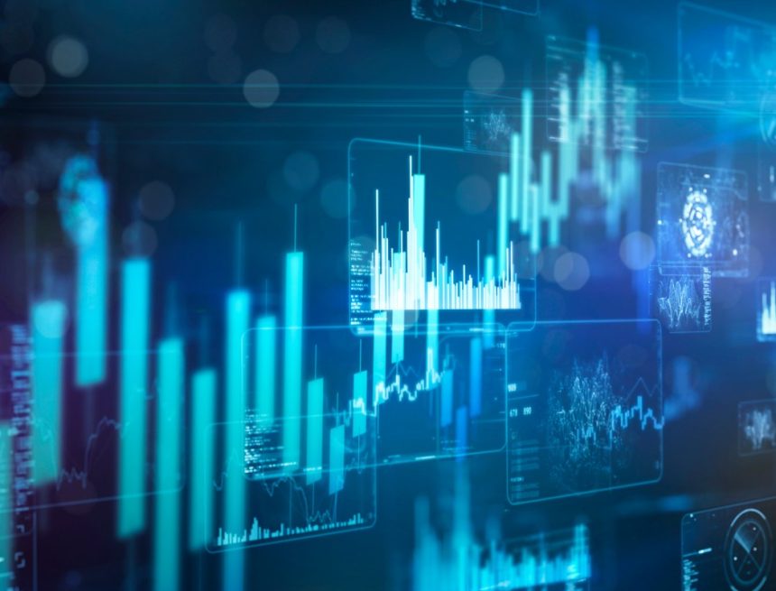 Rising technology stock market graph on futuristic data monitor.