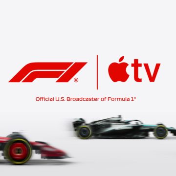 F1 cars drive underneath the F1 and Apple TV logos.