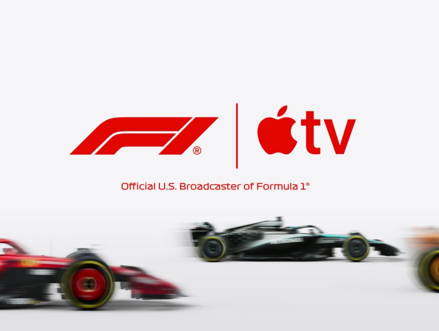 F1 cars drive underneath the F1 and Apple TV logos.