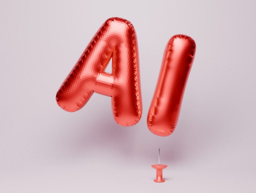 An "AI" balloon floating close to a sharp, upturned push pin.