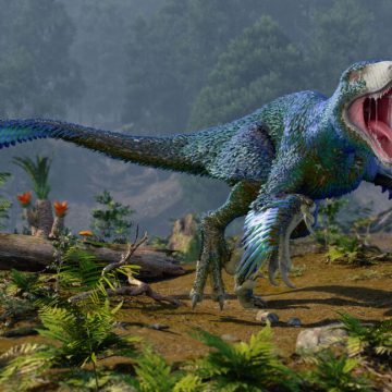 Dinosaurs may have flourished right up to when the asteroid Image of a scrub-rich hillside, with a feathered dinosaur running across it.