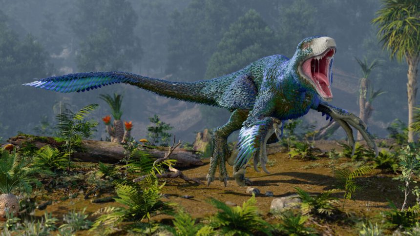 Dinosaurs may have flourished right up to when the asteroid Image of a scrub-rich hillside, with a feathered dinosaur running across it.