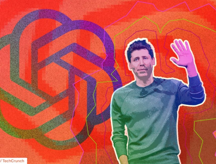 An illustration of Sam Altman in front of the OpenAI logo