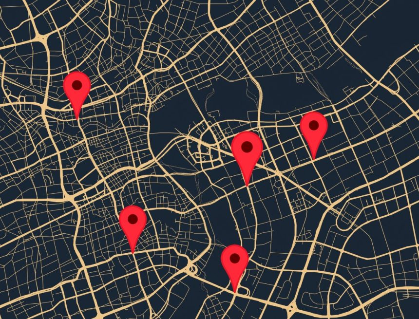 A street map with location dots on top.