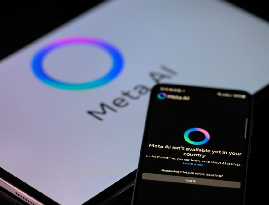 The Meta AI app is displayed on a mobile phone with the Meta AI logo visible on a tablet in this photo illustration