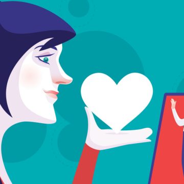 Woman with horns holding heart symbol in online chat with businessman.