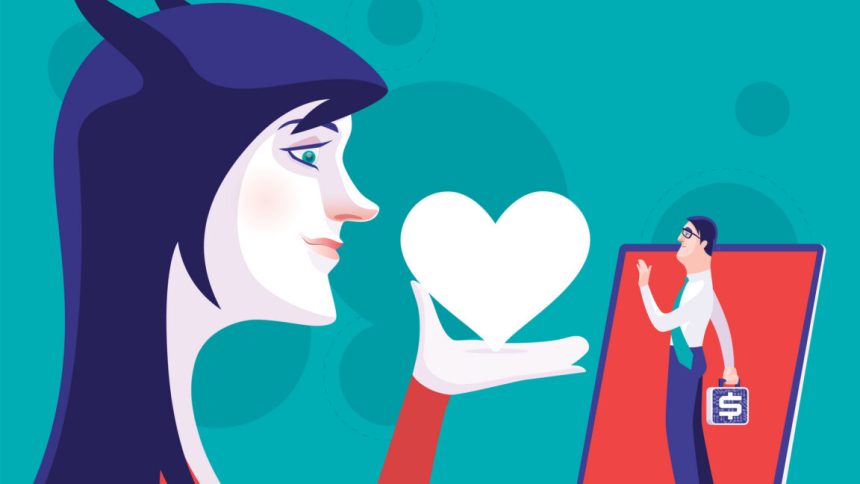 Woman with horns holding heart symbol in online chat with businessman.