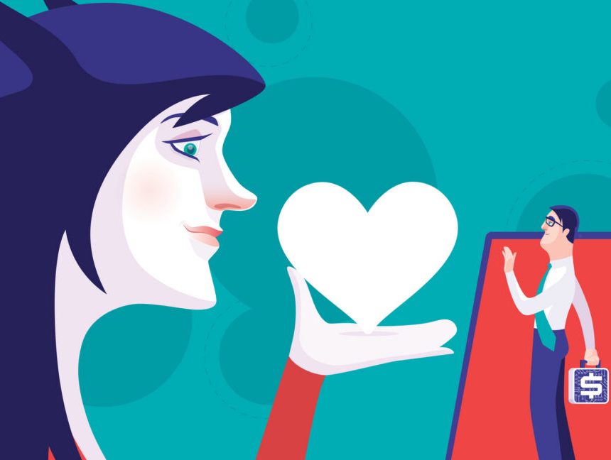 Woman with horns holding heart symbol in online chat with businessman.