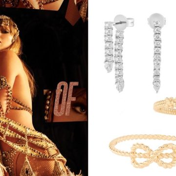 taylor swift album art visual; three jewelry picks worn by taylor swift, including two rings and diamond fringe earrings, over a white background