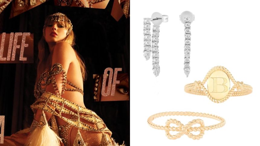 taylor swift album art visual; three jewelry picks worn by taylor swift, including two rings and diamond fringe earrings, over a white background