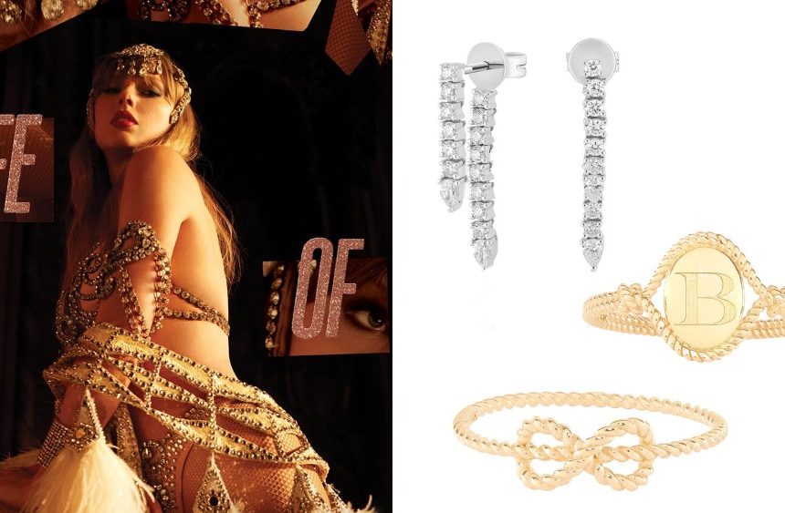 taylor swift album art visual; three jewelry picks worn by taylor swift, including two rings and diamond fringe earrings, over a white background