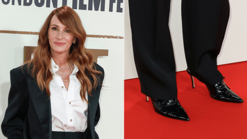 Julia Roberts wearing menswear-inspired patent lace-up pumps at the BFI London Film Festival on Saturday.